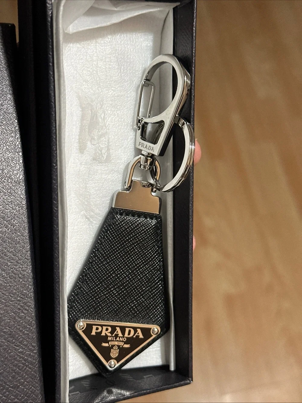Prada Saffiano Leather Triangle Logo Keychain